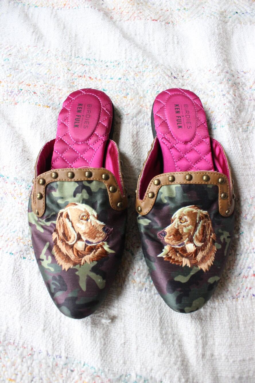 Birdies Ken Fulk Labrador Dog Camo Mule Slippers Flats Size 5.5